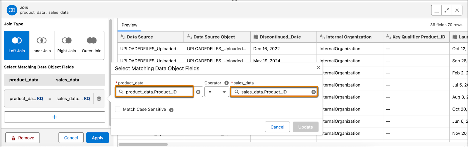 Join dialog with Choose Data Fields dialog highlighted.