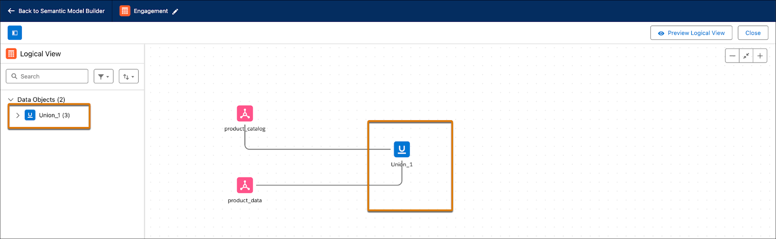 Logical View Builder with Union highlighted in the canvas.