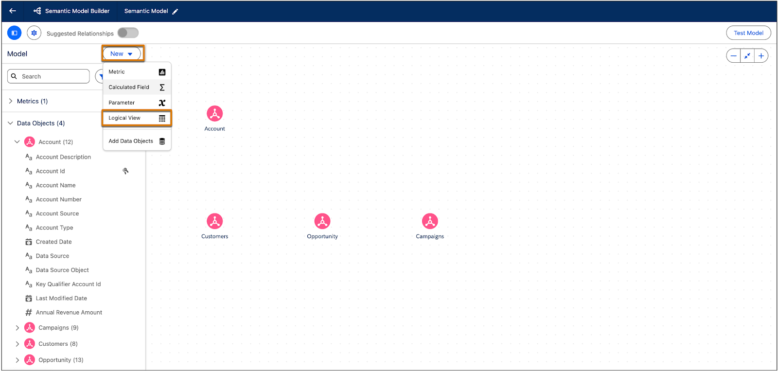 Semantic Model Builder showing the New dropdown with Logical View highlighted.