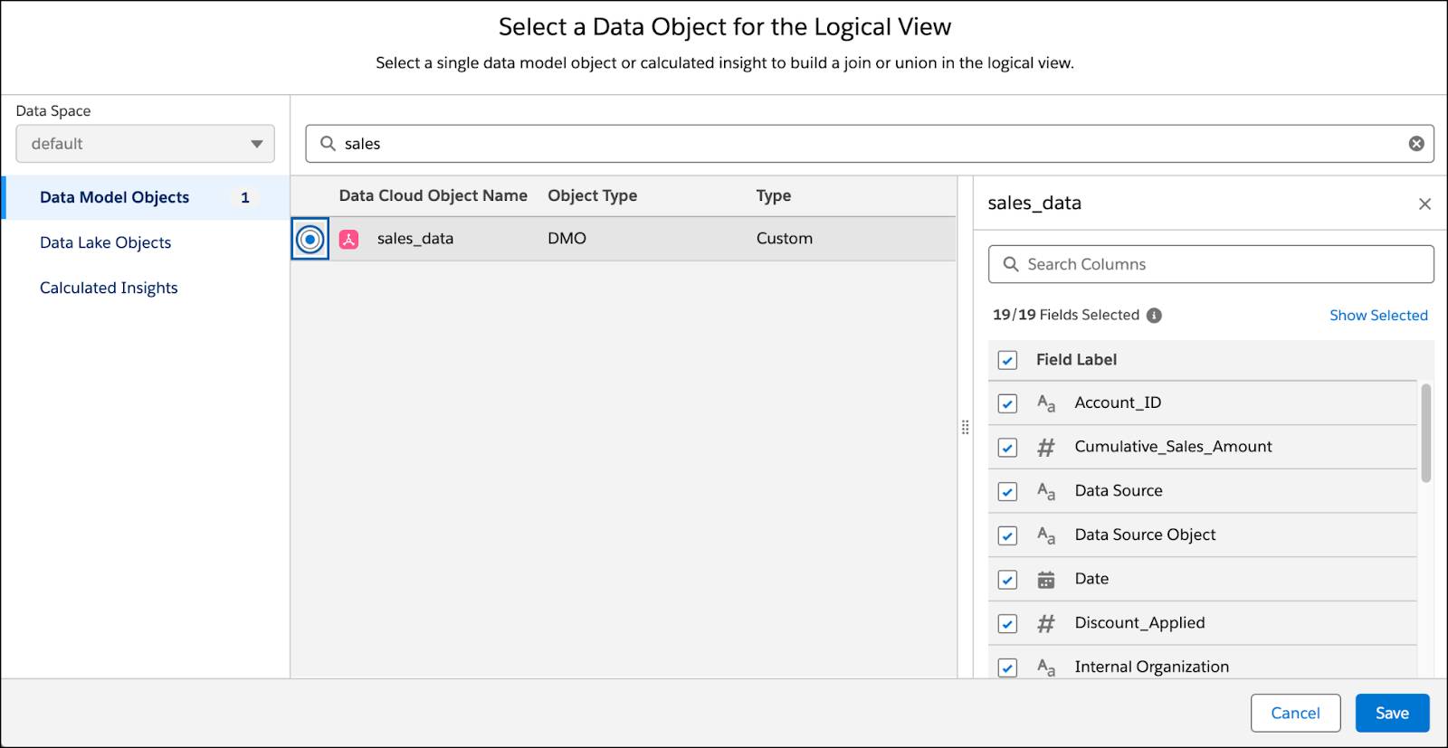 Select a Data Object for the Logical View dialog with the sales object selected.