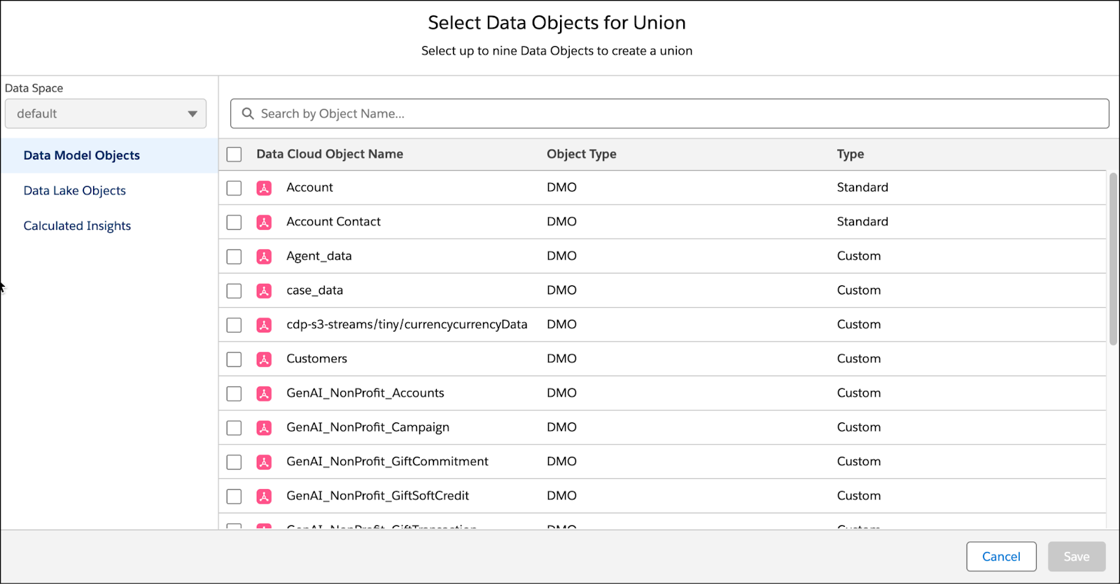 Select Data Objects for Union dialog with list of objects.