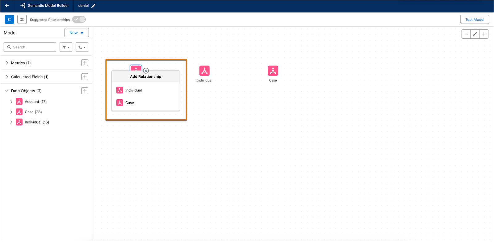 Semantic Model Builder with data object selected and Add Relationship dialog displayed.