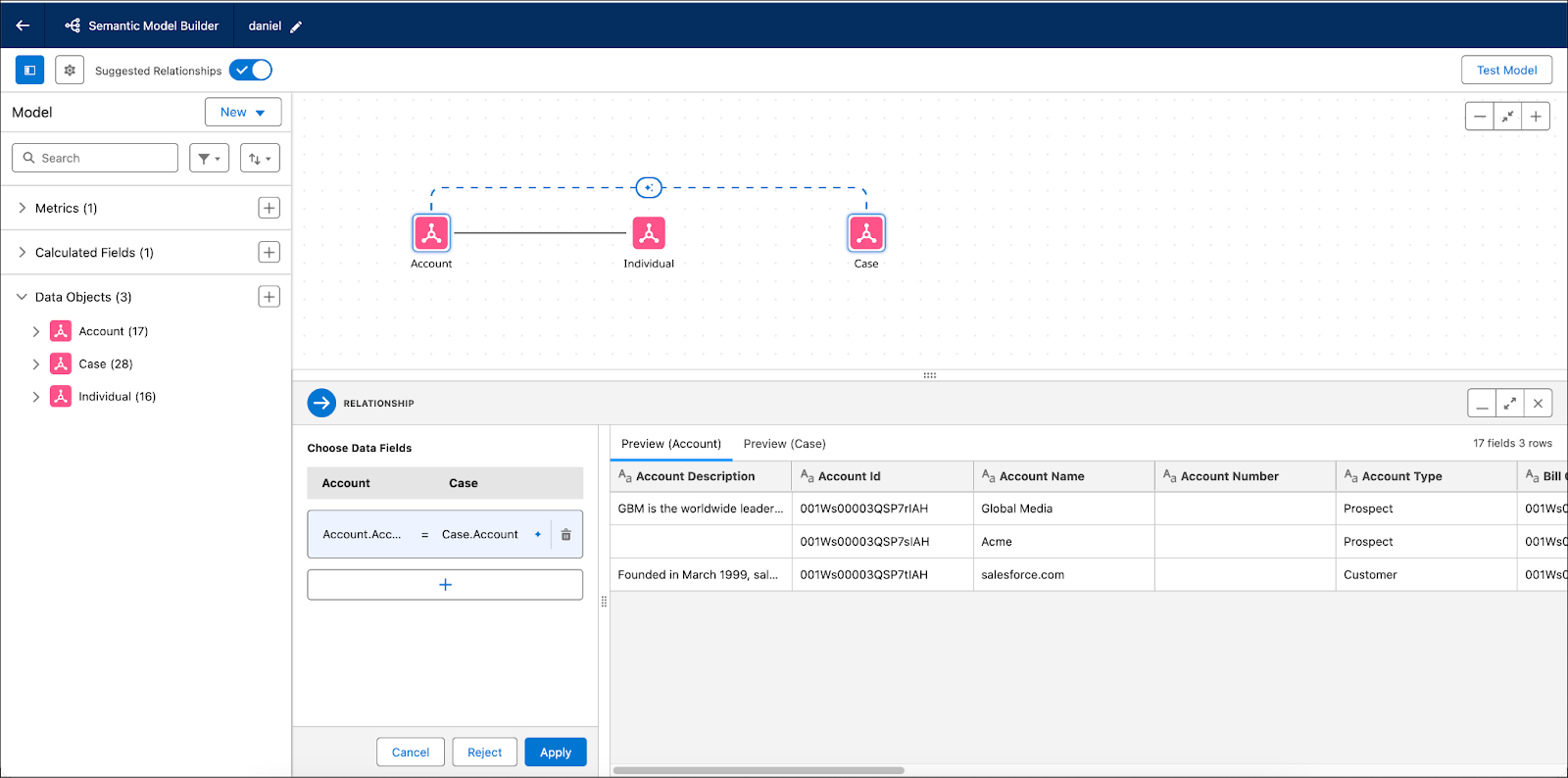 Semantic Model Builder with the relationship UI visible.