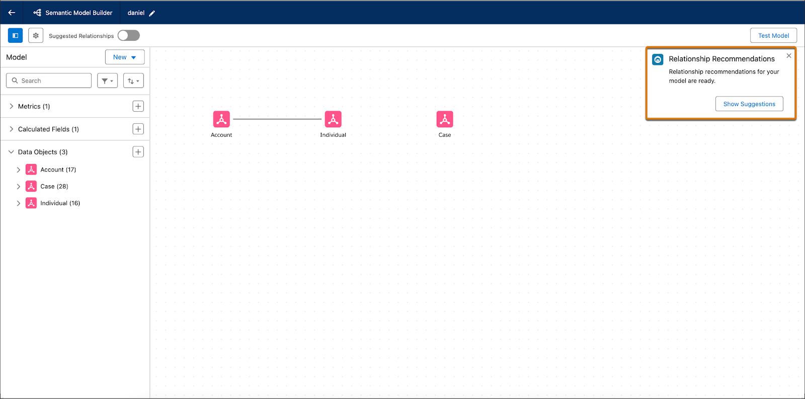Semantic Model Builder with Suggested Relationships highlighted.