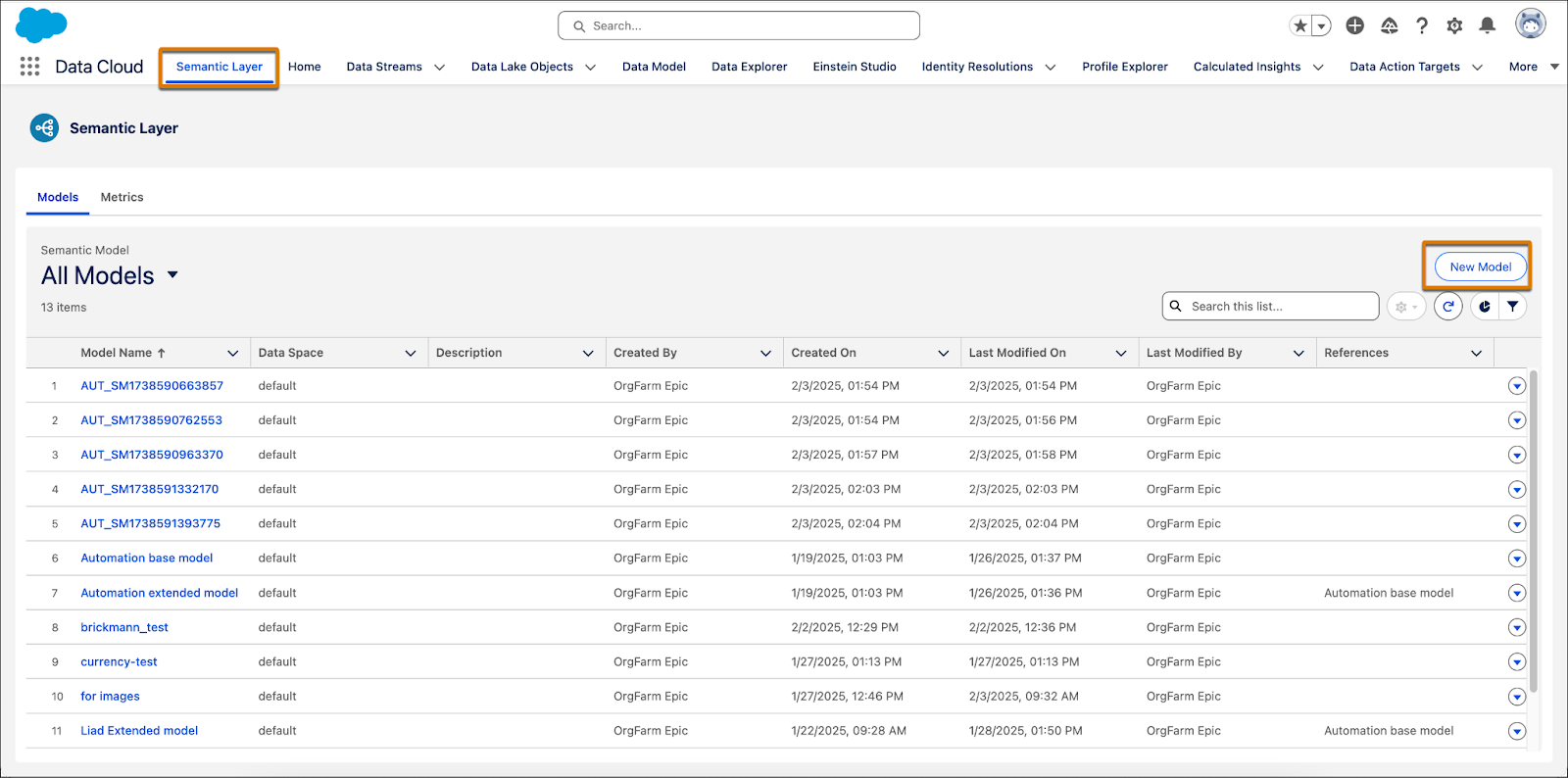 Semantic Layer dialog with new model highlighted.
