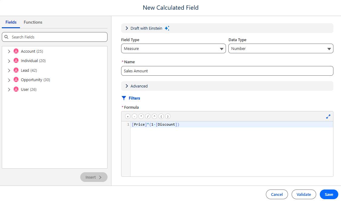 Edit Calculated Field dialog with an example in the Formula box.