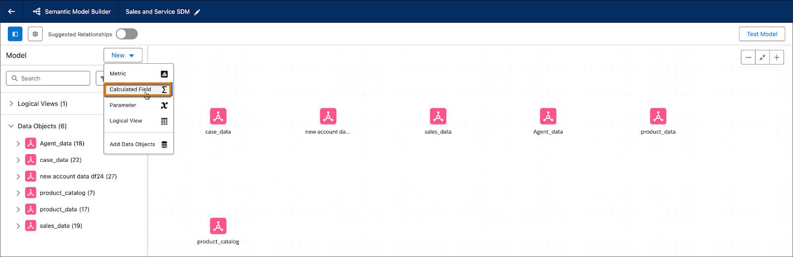 Semantic Model Builder showing the calculated field option.