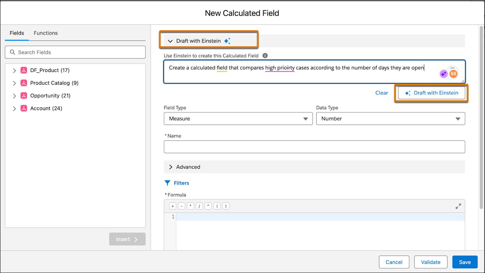 New Calculated Field dialog with Draft with Einstein buttons highlighted.
