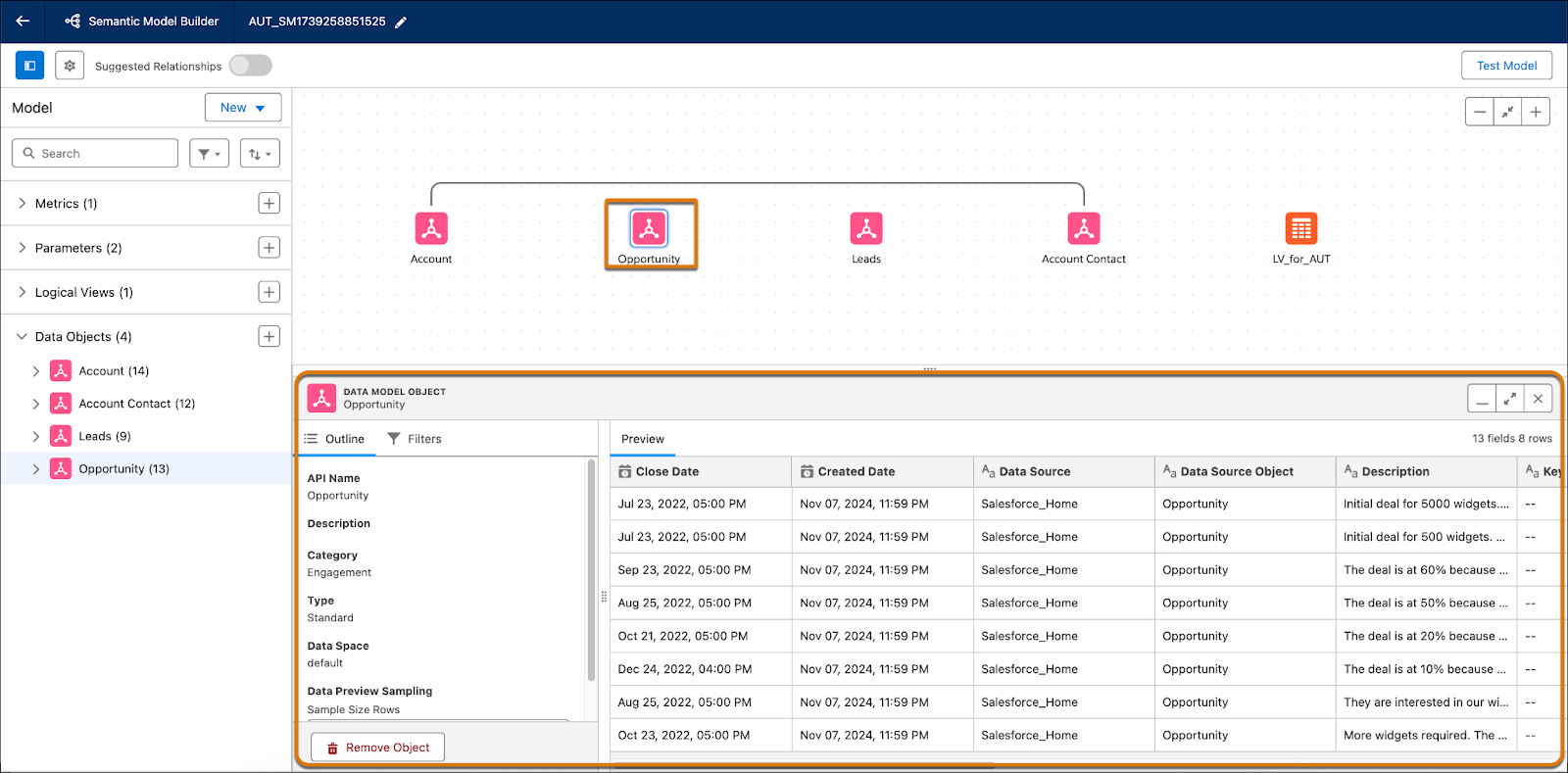 Semantic Model Builder dialog with preview pane opened at the bottom.