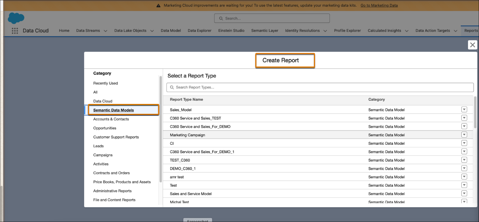 Create Report dialog in Data Cloud Reports highlighting Semantic Data Models.