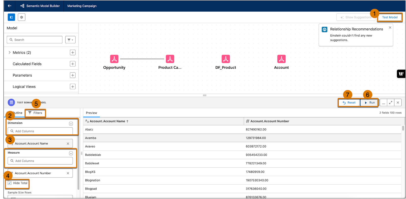 Semantic Model Builder with numbers highlighting the different sections in the test model pane.