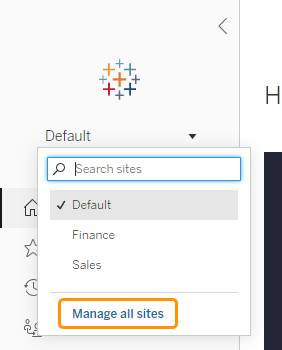 Site picker showing “Manage all sites” link at the bottom of dropdown
