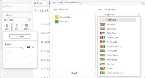 The Edit Colors dialog box shows a menu of 12 available color palettes in a dropdown menu.