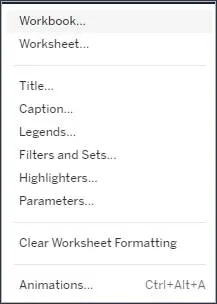 The Format menu shows the different elements that can be formatted while using Tableau, including Workbook, Worksheet, Title, Caption, Legends, Filters and Sets, Highlighters, Parameters, and Animations. Also shows the option to Clear Worksheet Formatting.