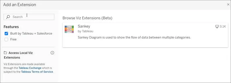 Add an Extension dialog box to search for and add an extension from the Tableau Exchange.
