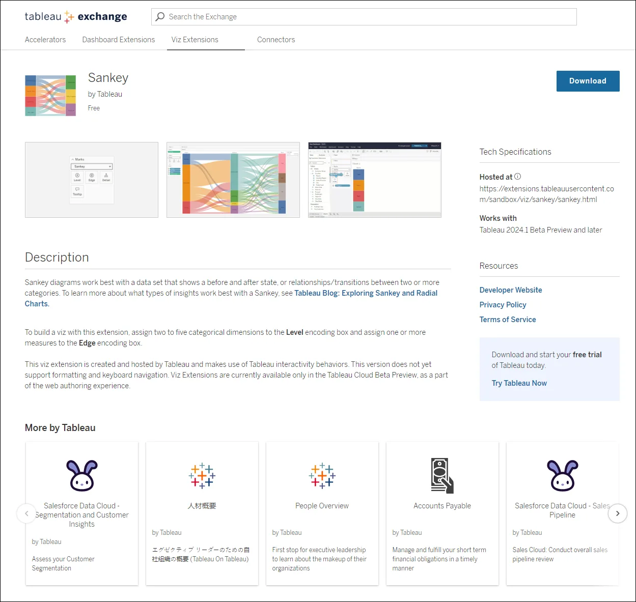 Tableau Exchange description page for the Sankey diagram, developed by Tableau.