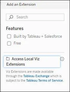 Add an Extension dialog box with the option to Access Local Viz Extensions.