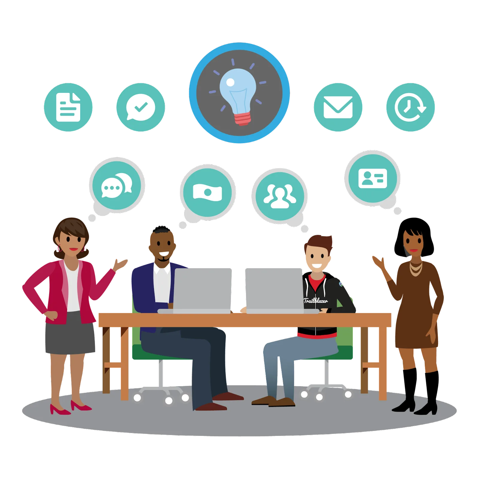 Participants sitting at a table with security, policy and communication icons above their heads symbolizing a cybersecurity discussion.