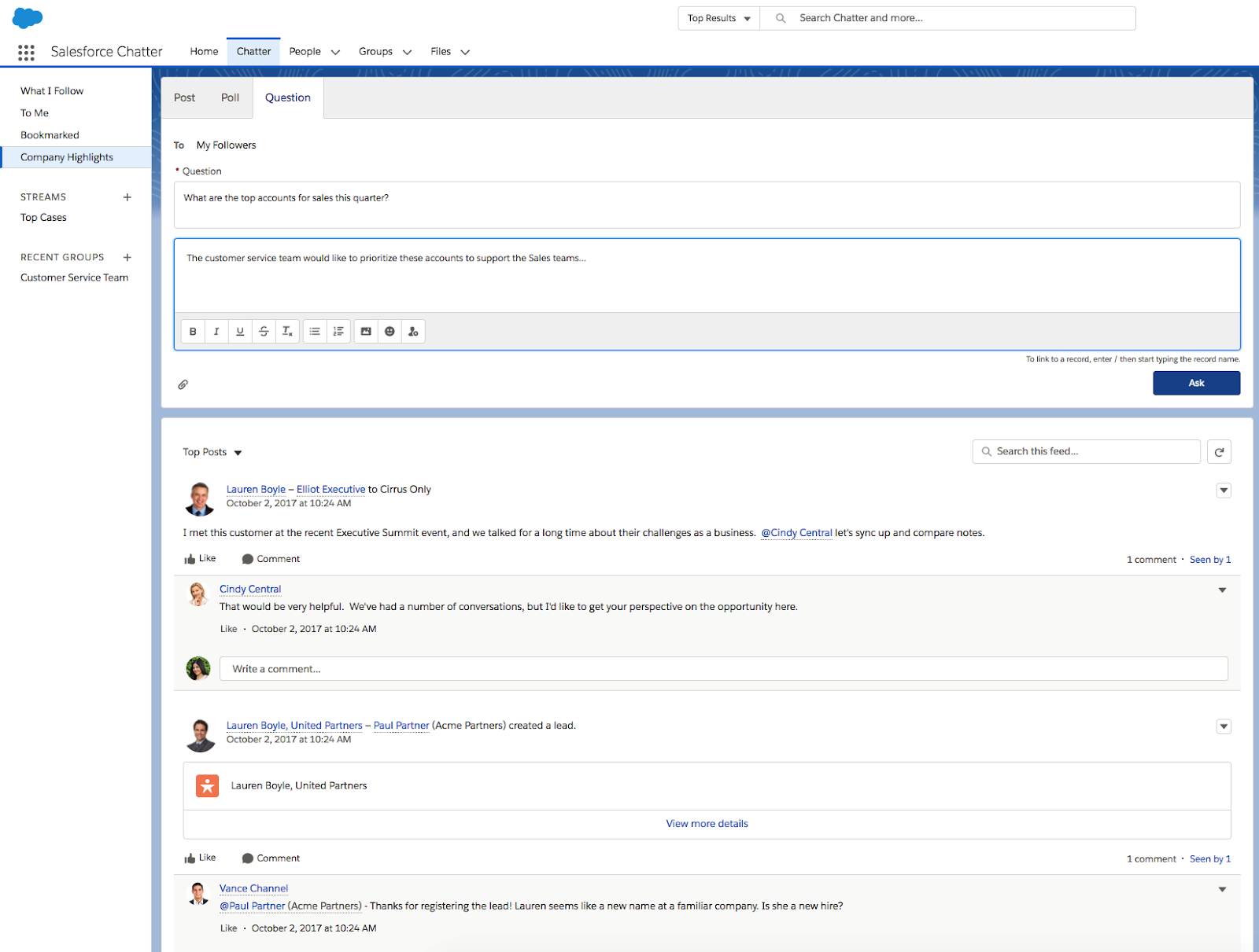 Example of collaboration available on chatter