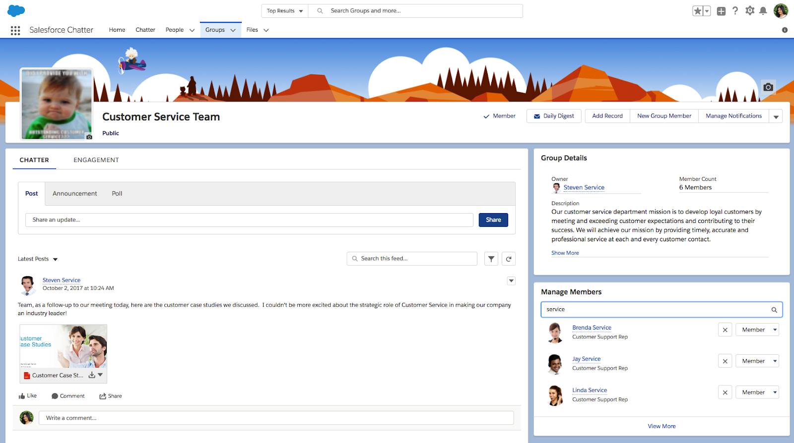 Example of a customer service group on chatter