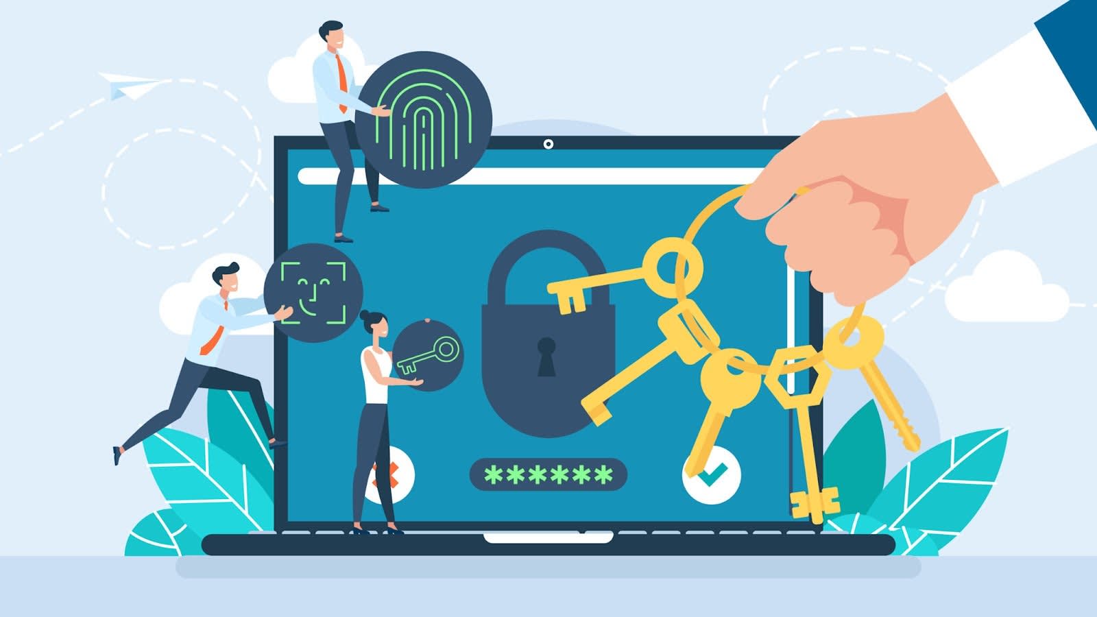 A giant laptop with a lock and obfuscated password on it representing security, miniature people holding security icons, and a large hand from above holding a key ring emphasizing strict and abundant security control.
