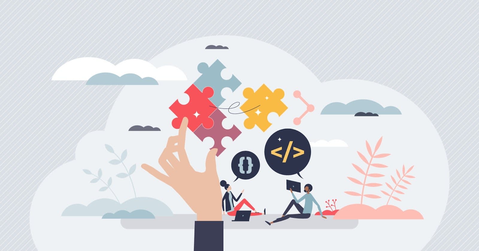 A cloud in which people are discussing automation and a hand putting puzzle pieces together representing workflow coming into place.