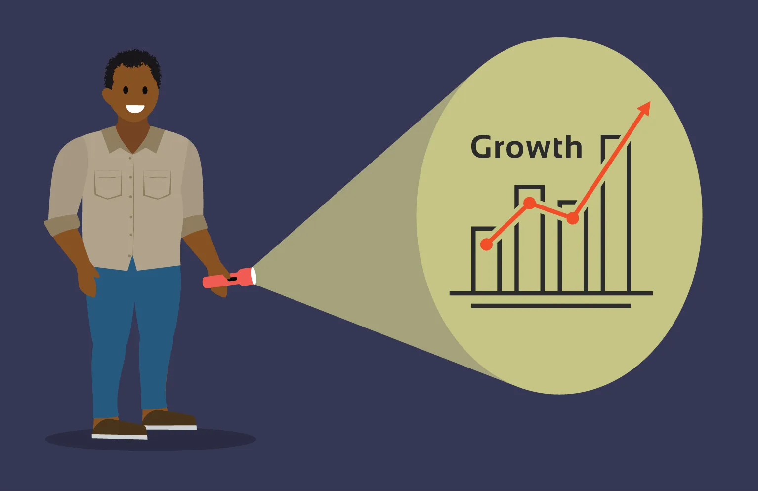 A man standing in a dark room shining a flashlight on a growth chart.