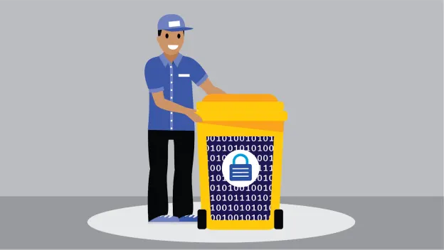 A janitor pushing a trash can containing data, with a shield or a padlock on the trash can showing it’s secure