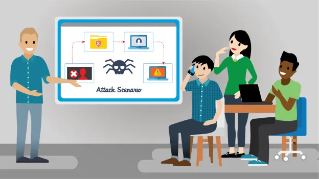 A person standing in front of a whiteboard showing an attack scenario where an attacker delivers malware to a user who downloads it