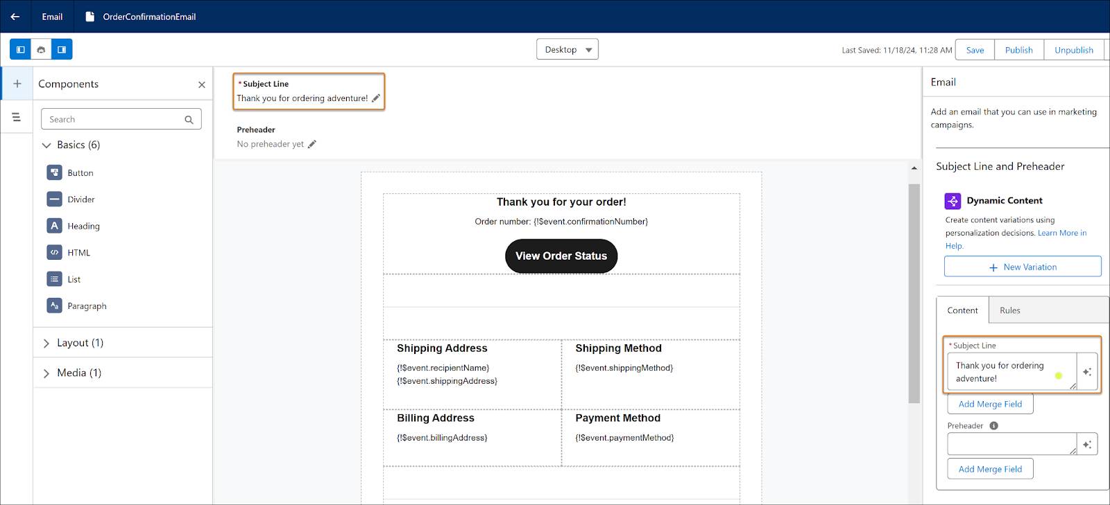件名を編集した OrderConfirmationEmail。