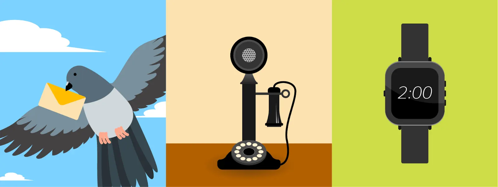 Illustrating different modes of communication: carrier pigeon, old-style telephone, and smart watch.