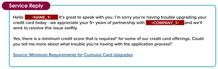 A customer service reply shows masked personal information and a link to a relevant knowledge article.