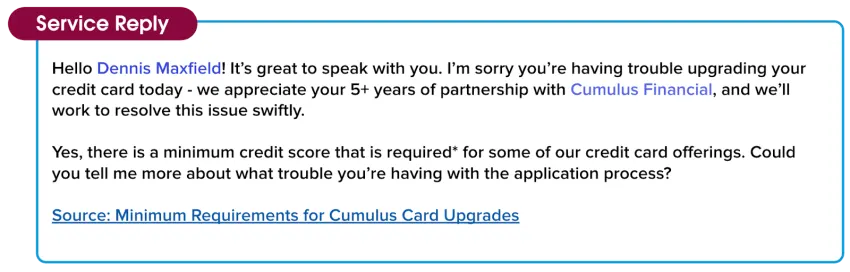 A demasked service reply recommendation including a link to a knowledge article.
