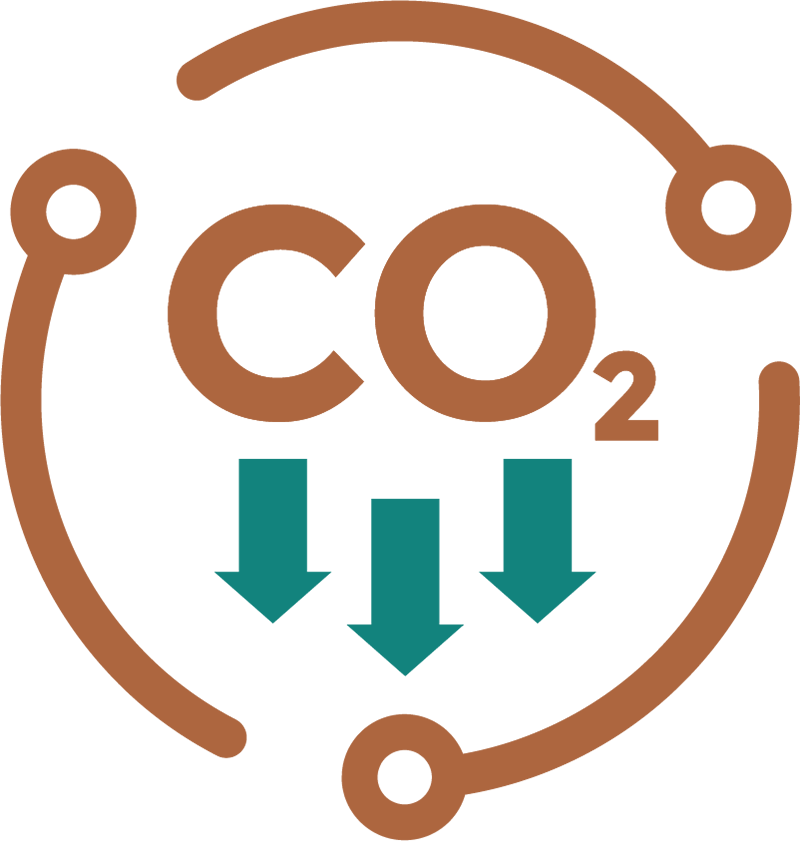 The carbon dioxide formula with arrows pointing downward.