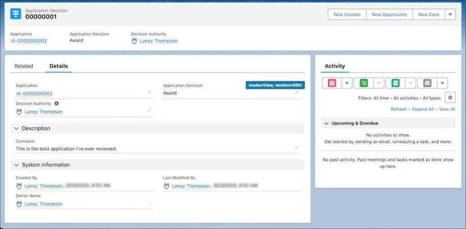The Details tab of an Application Decision with lookup fields to the application and a decision authority, as well as a comment on the decision.