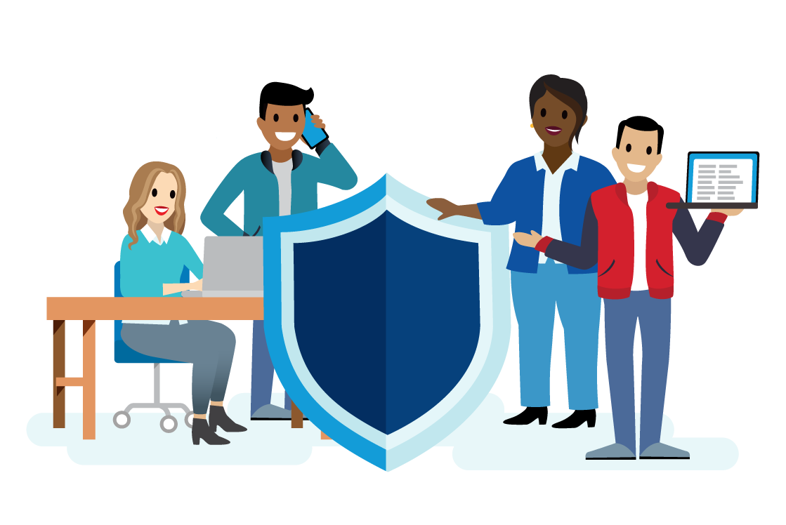 A small group of people surrounding a shield to demonstrate a human firewall.