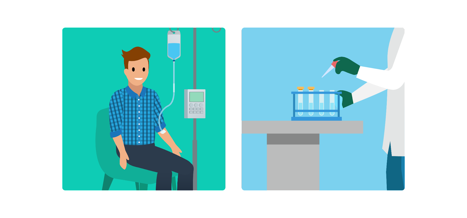 Left image is a patient receiving an infusion through a catheter, right image is a lab technician working with test tubes.