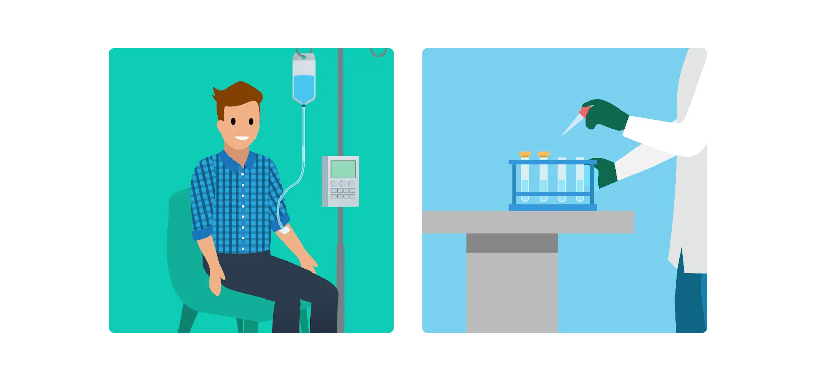 Left image is a patient receiving an infusion through a catheter, right image is a lab technician working with test tubes.