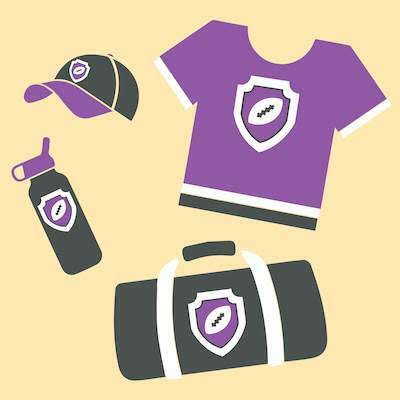 An illustration that shows athletic merchandise licensed with a company logo