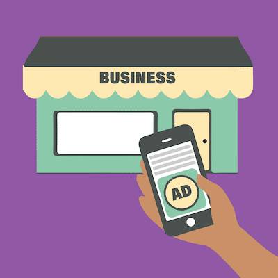 携帯電話の広告を店舗と結び付けるイラスト