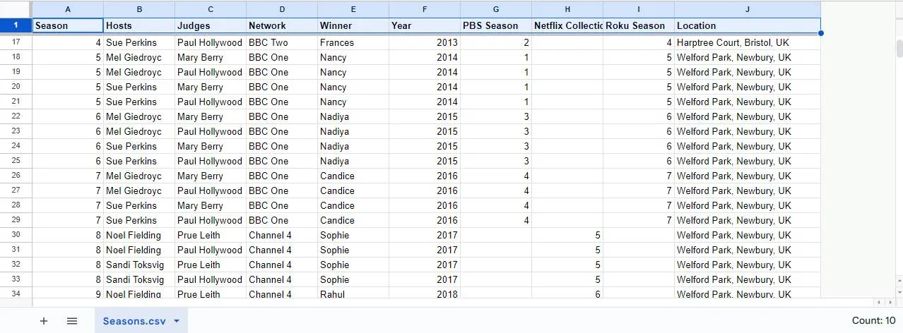 A spreadsheet view of the Seasons.csv table with the field names highlighted.