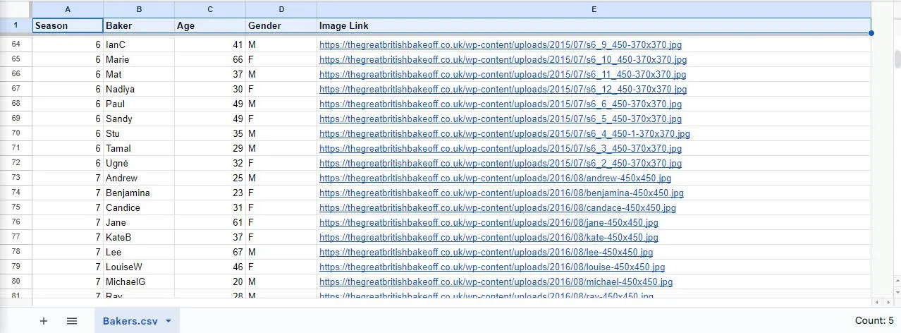 A spreadsheet view of the Bakers.csv table with the field names highlighted.