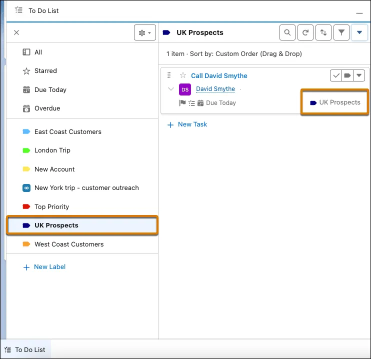 Tasks labeled UK Prospects shown in the To Do List.