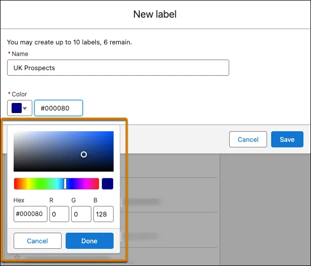 UK Prospects label with color dropdown showing blue hex #000080.