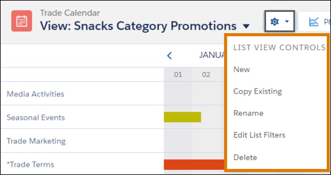 The List View Controls menu on a trade calendar showing the options to customize the trade calendar view.