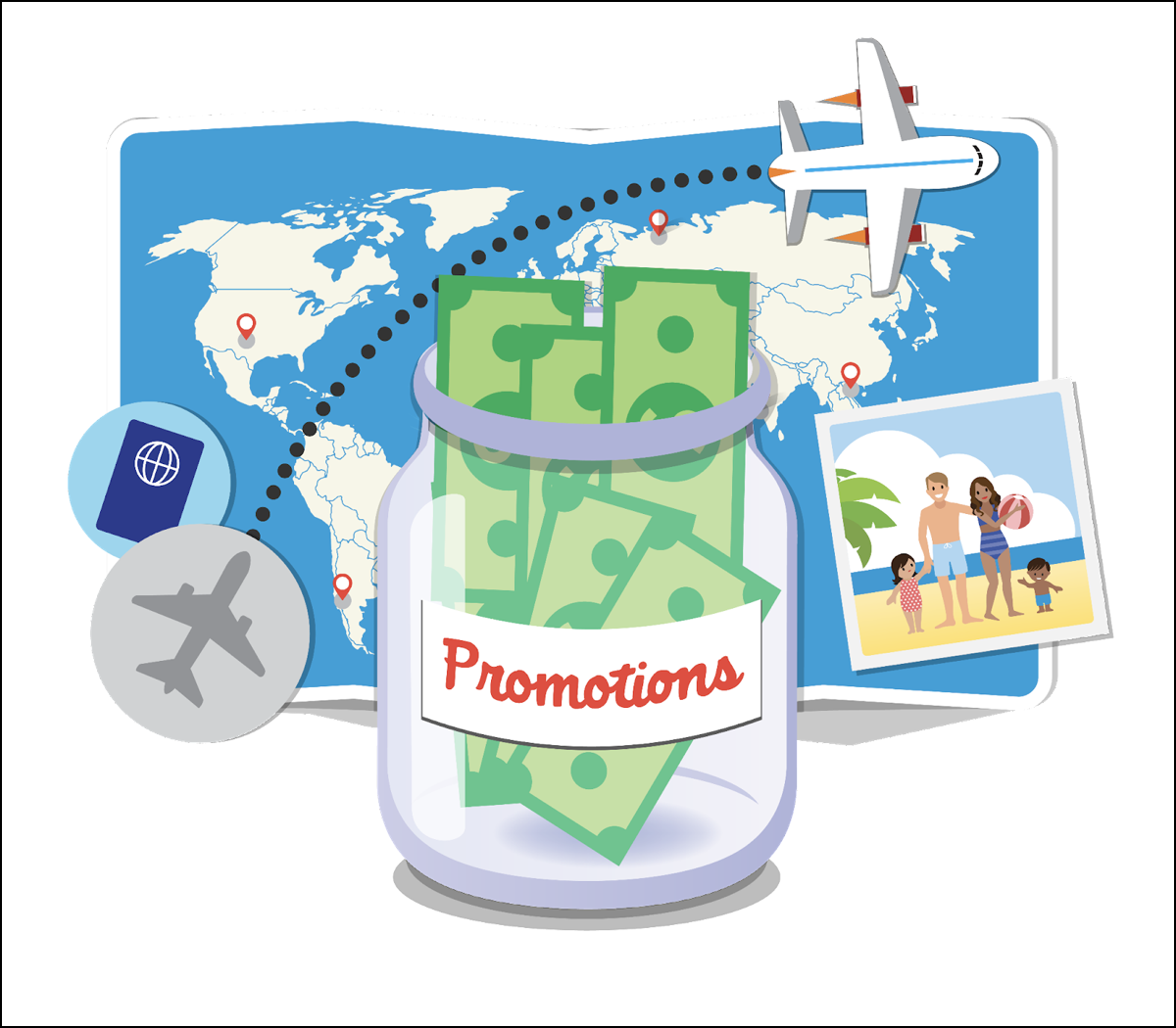 Jar labeled “Promotions” with money inside. The funds are the budget to pay for trips and travel.