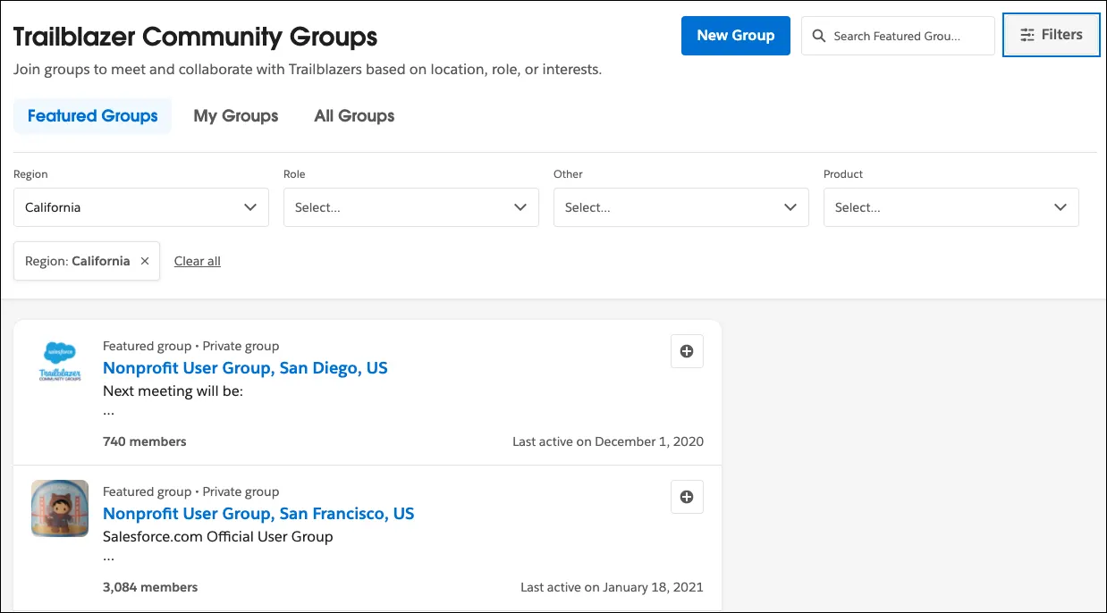 The Featured Groups tab in the Trailblazer Community with one filter (Region: California) selected
