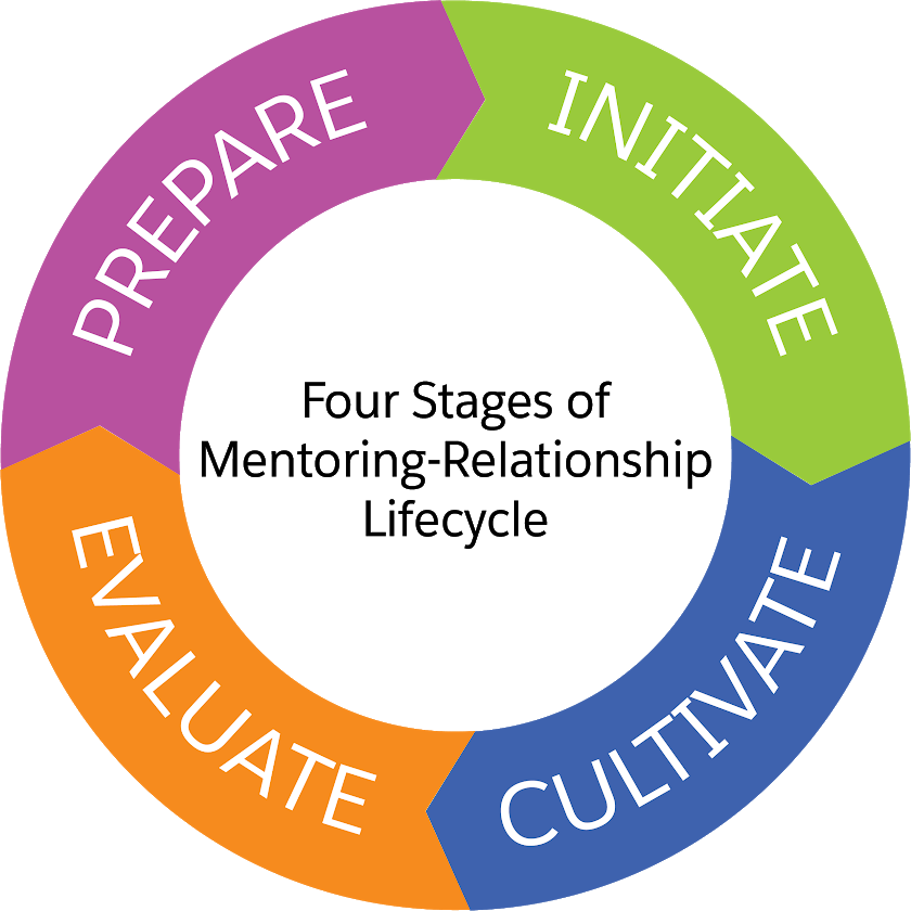 A circle depicting the four stages of the mentoring lifecycle: prepare, initiate, cultivate, and evaluate.