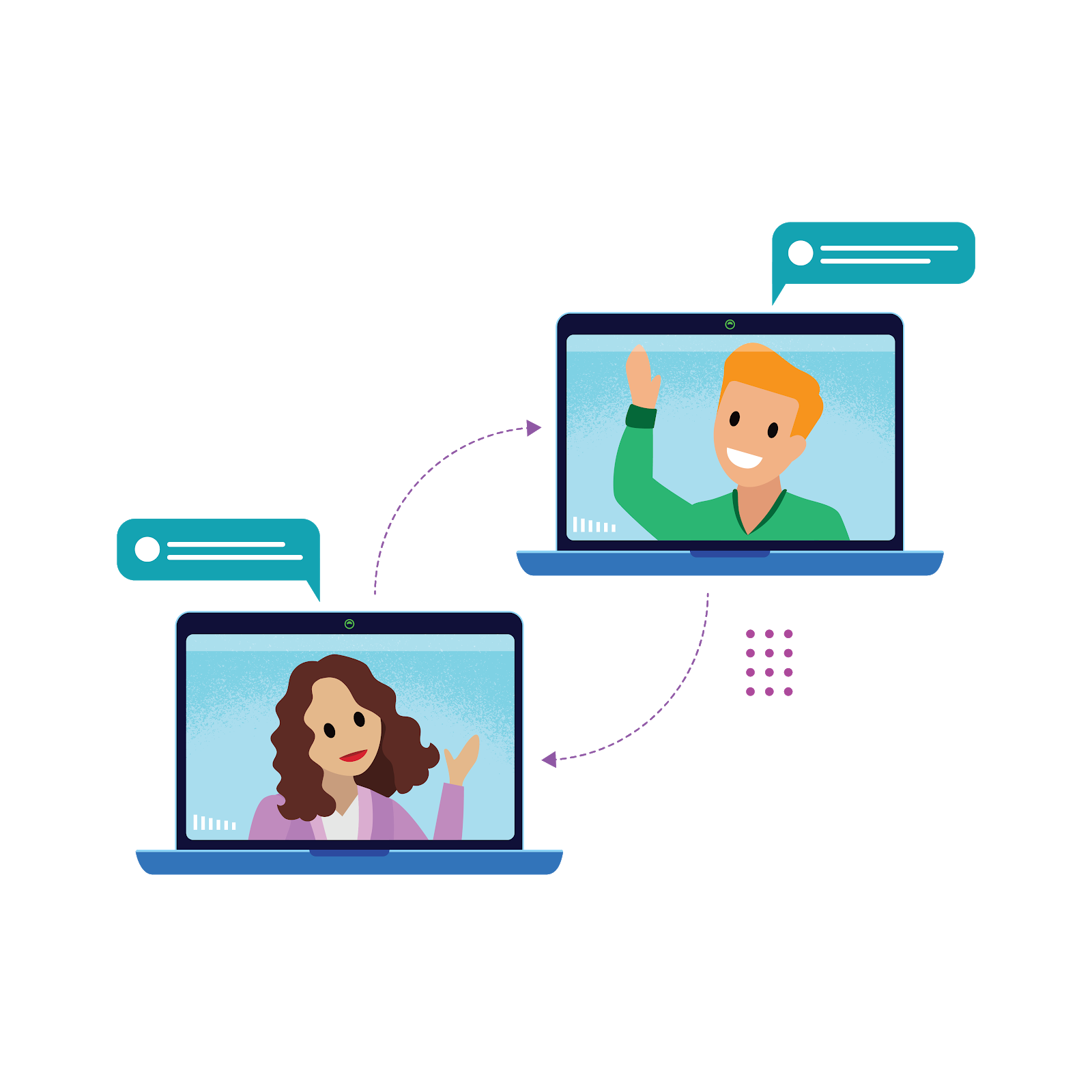 Two computers show the faces of a mentor and mentee waving at one another as they virtually collaborate.