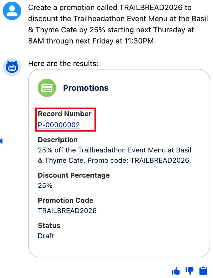 The conversation with the agent showing the new promotion record number and details requested for the promotion.